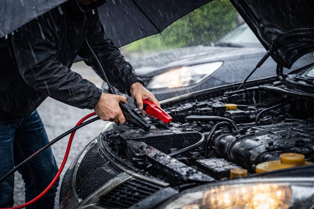 Jumpstarting a car in the rain